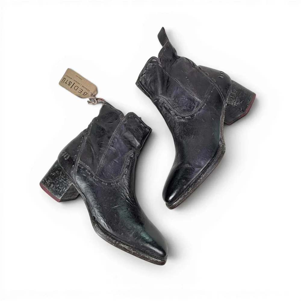 Bed Stu Merryli Black Rustic Leather Square Toe Ankle Boots Womens 10